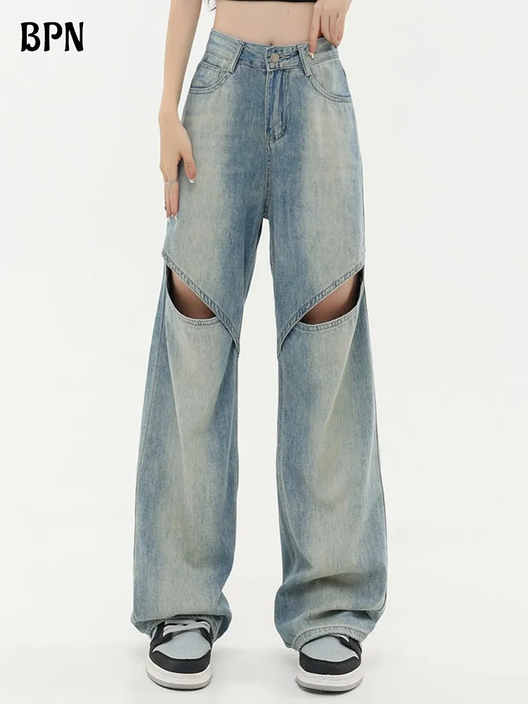

BPN повседневные женские джинсы с вырезами с высокой талией однотонные Лоскутные Карманы Свободные прямые широкие брюки женская модная одежда