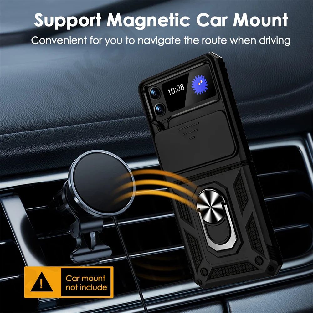Case For Samsung Galaxy Z Flip 4 Camera Slide Ring Kickstand Heavy Duty Military Grade Protection Rugged Phone Accessories Cover
