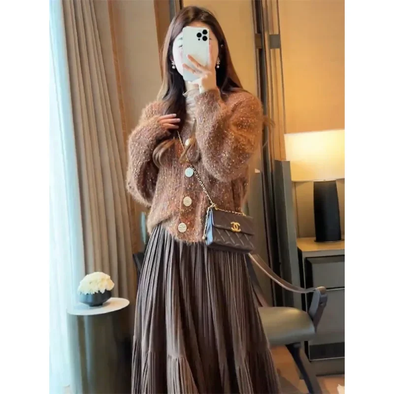 Утепленный вязаный кардиган с юбкой Blue Sea Yino женский комплект весны 2024 стильное