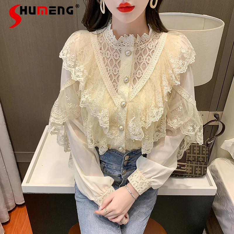 

Solid Color Women Lace Bottoming Blouses 2022 Spring New French Pink Stand Collar Long Puff Sleeve Office Blouse for Women