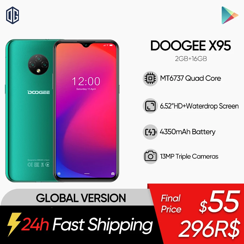 Смартфон DOOGEE X95 6 52 дюйма MTK6737 2 + 16 ГБ 13 МП тройная камера аккумулятор 4350 мАч Android 10 0 -