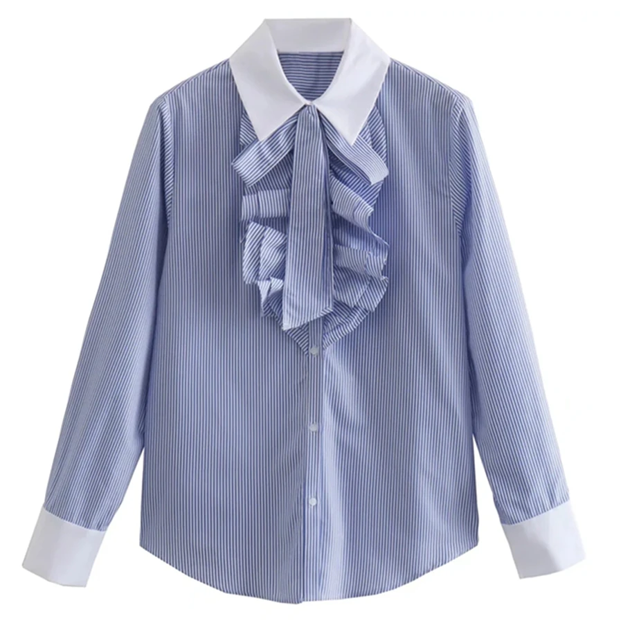 

Withered 2022 France Style Romantic Cascading Office Lady Fashion Blue Striped Blouse Women Loose Casual Shirt Women Tops