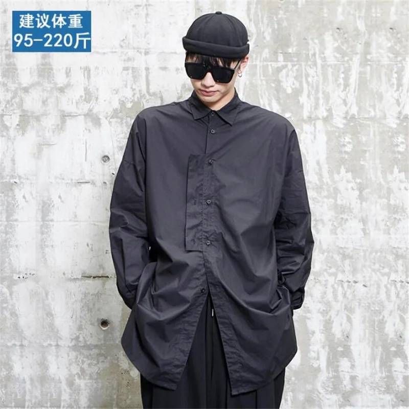 Hairstylist shirts men's long sleeve mid length oversized style dark wide camisas single-breasted clothes camisa masculina black