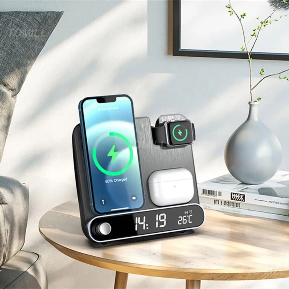 

Mini Desktop Phone Stand Fast Charging Type-c Alarm Clock Wireless For Iphone Samsung Apple Watch Watch Earphone Thermometer 15w