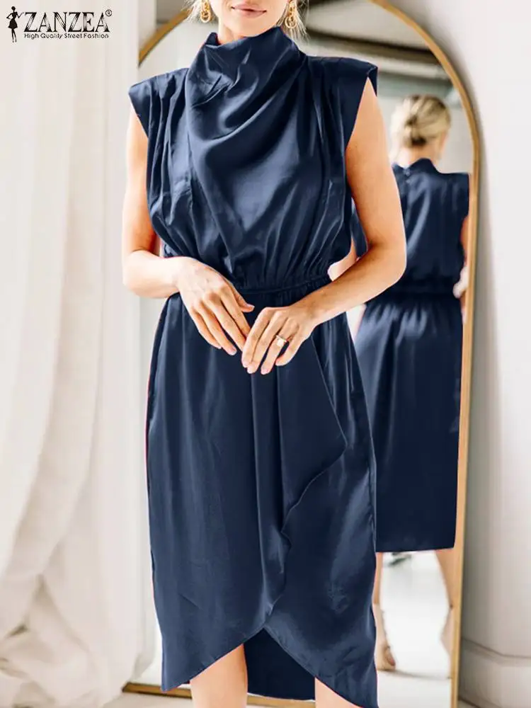 

Платье ZANZEA женское летнее однотонное, модный элегантный Шелковый приталенный короткий сарафан без рукавов с драпировкой спереди, офисное