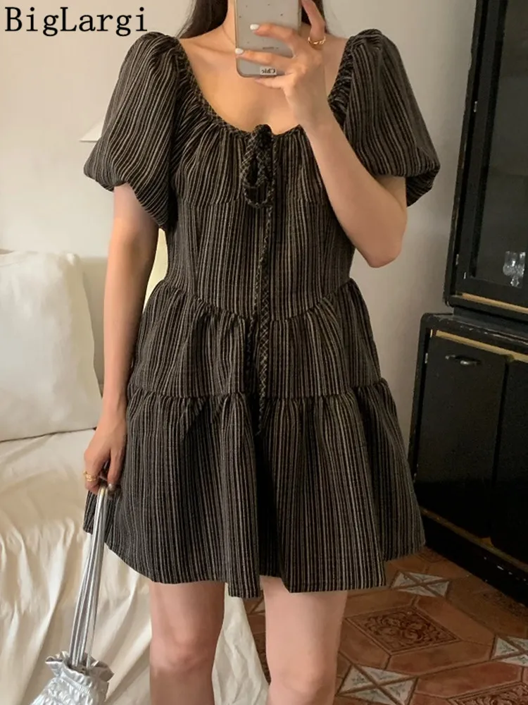 

Puff Sleeve Striped Dress Women Sexy Mini Sweet Lace Up Ladies Dresses With Playful Waist Up Puffy Short Stature Woman Dress