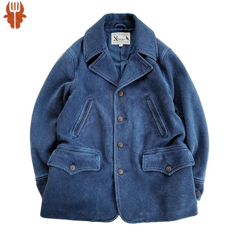 

Men's Pea Coat Blue Thick Regular Fit Safari Casual Style Winter Autumn Suit Blazer Vintage Clothes