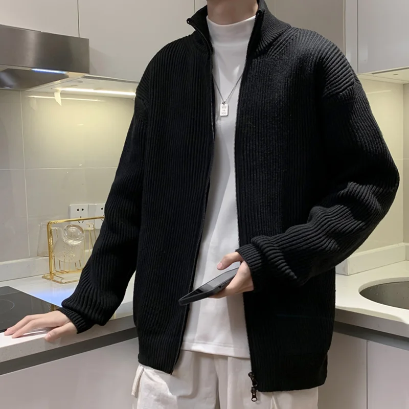 

Мужской утепленный кардиган на молнии, однотонный теплый свитер с воротником-стойкой и длинными рукавами, Осень-зима