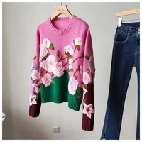 womens european and american style street autumn sweater heavy craftsmanship loose high end flower embroidery pullover sweater