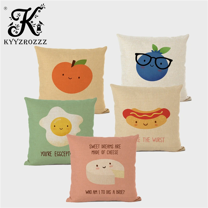 Набор скандинавских подушек для дома и детской комнаты с милыми карикатурными изображениями еды: горячий дог, апельсин и арбуз, в наволочках размером 45х45 см.