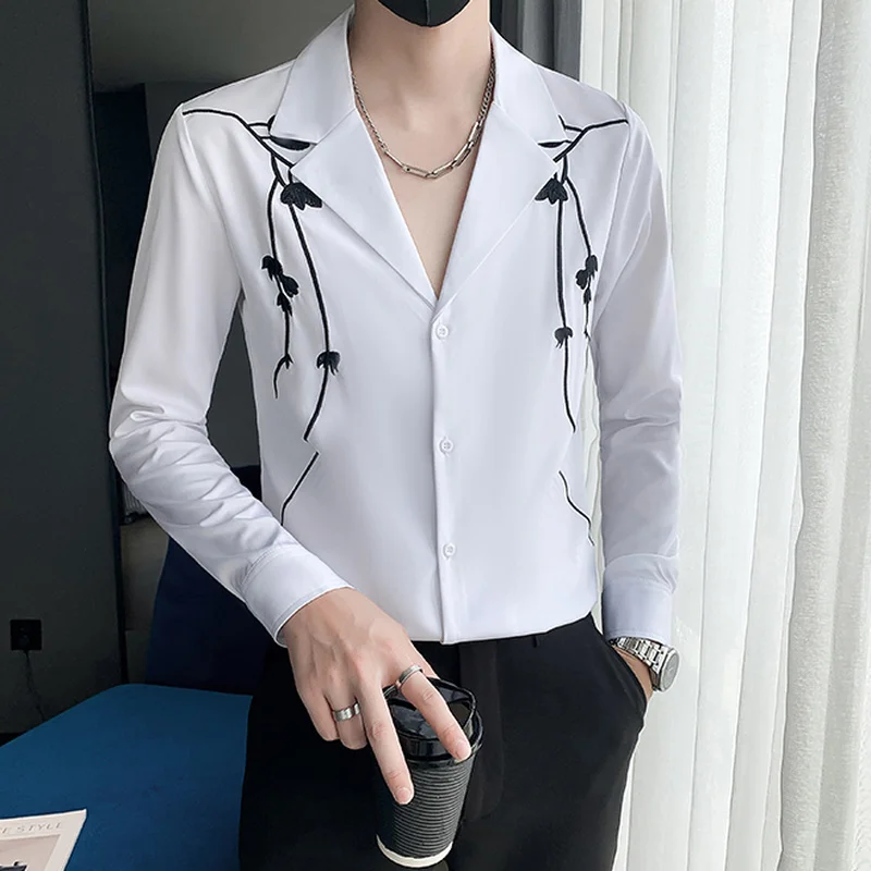 2022 Embroidery V-neck Men's Shirts Casual Business Dress Shirt Fashion Social Camisa Masculina Party Tuxedo Blouse Men Clothing