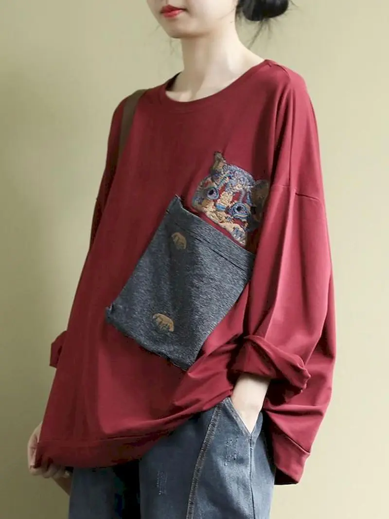 

Spring Autumn 2022 New Cotton Linen Patchwork Pockets Crew Neck Irregular T-shirt Retro Loose Comfortable All-match Women Tops