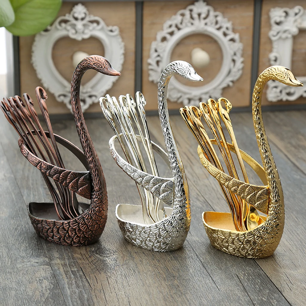 

7 Pcs Swan Base Holder Dinnerware Set Stainless Steel Gold Spoon Fork Cutlery Coffee Cake Fruit Salad Dessert Flatware Teaspoon