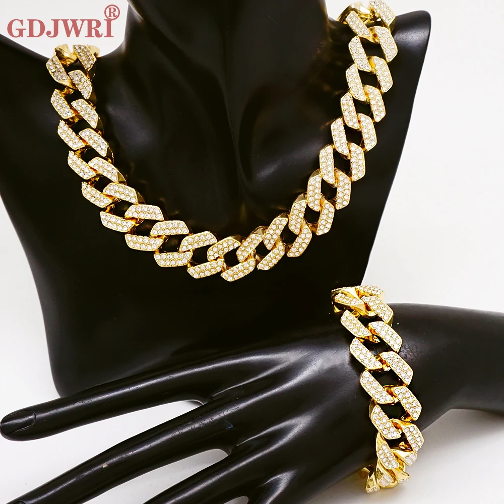 

Fashion Gold Color Cuban Link Simple Chain Necklace Bracelet Set For Women Bling Rhinestones Pave Miami Choker Neck Jewellery