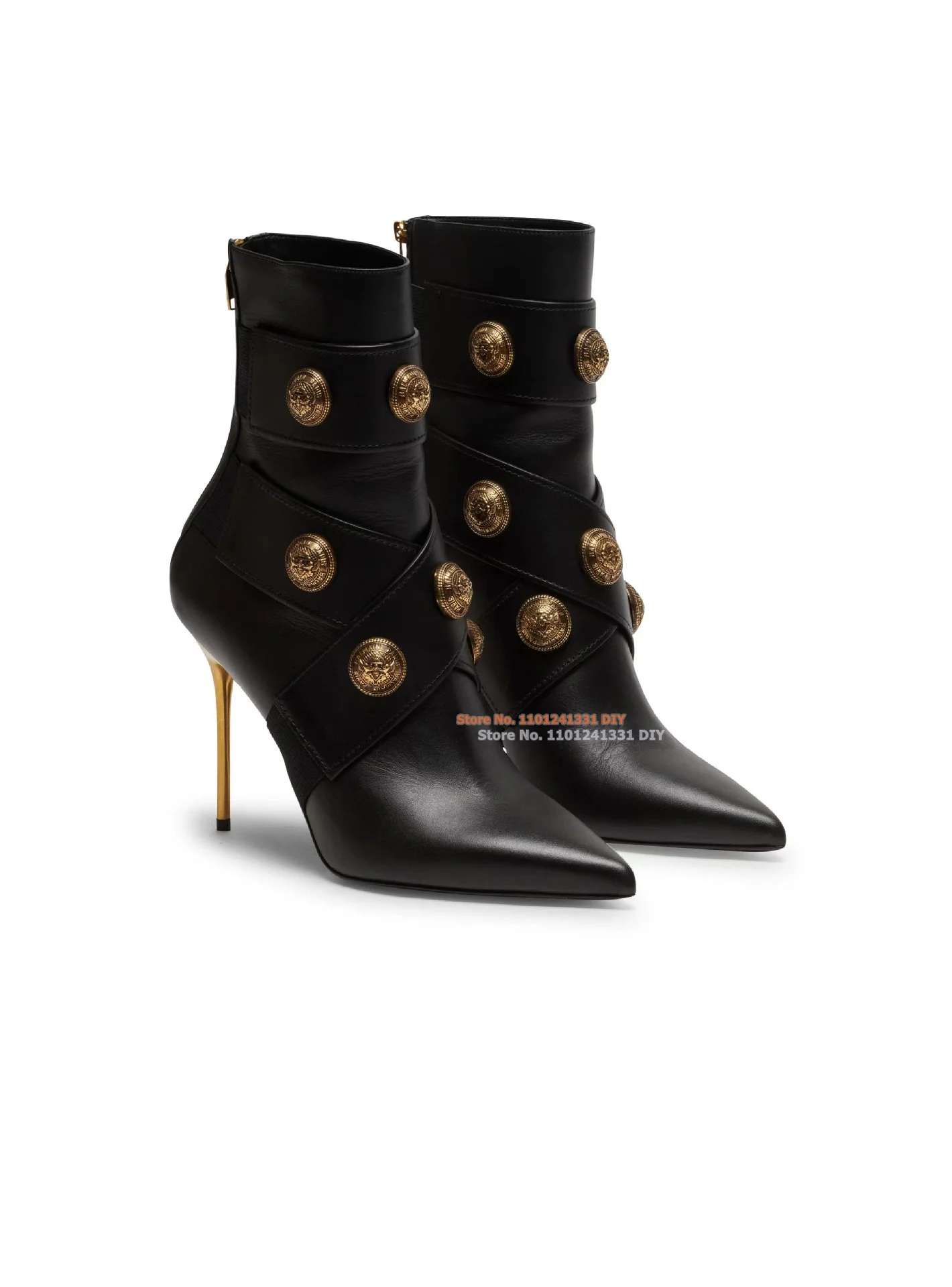 Beige Leather Button-Embellished Ankle Boots Golden Medallion Studs Short Boots Women Pointed Toe Thin High Heel Party Shoes