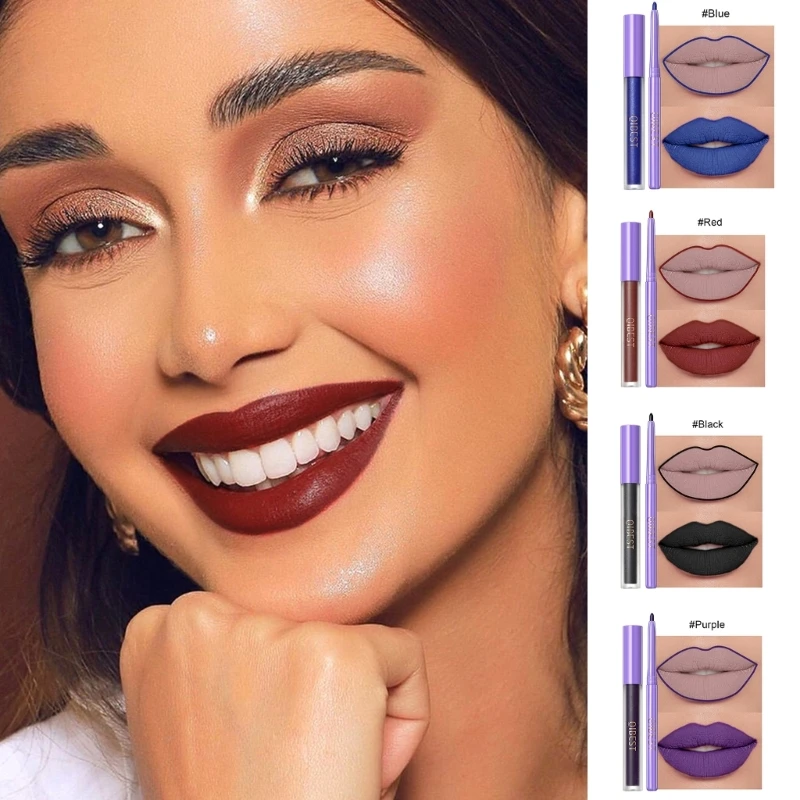 

2Pcs Matte Liquid Lipstick + Lip Liner Pens Set, One Step Lips Makeup Kits Drop Shipping
