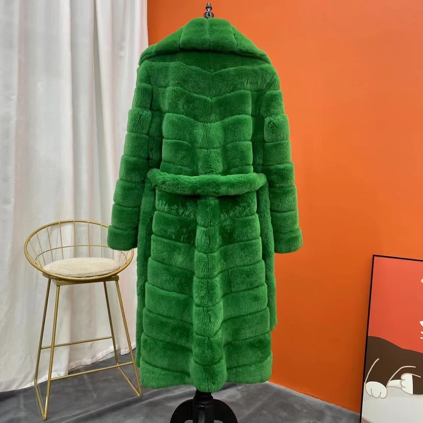 Women Real Fur Coat Natural Chinchilla Rex Rabbit Fur Jacket Long with Big Turn-down Collar Fashion Luxury Streetwear Belt Coats