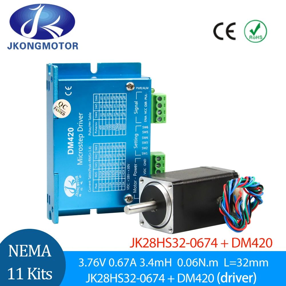 Набор шагового двигателя Jkongmotor Nema11, гибридный двухфазный, 0,67 А, 6 нсм, 28x32 мм + DM420, для 3D-принтера «сделай сам»