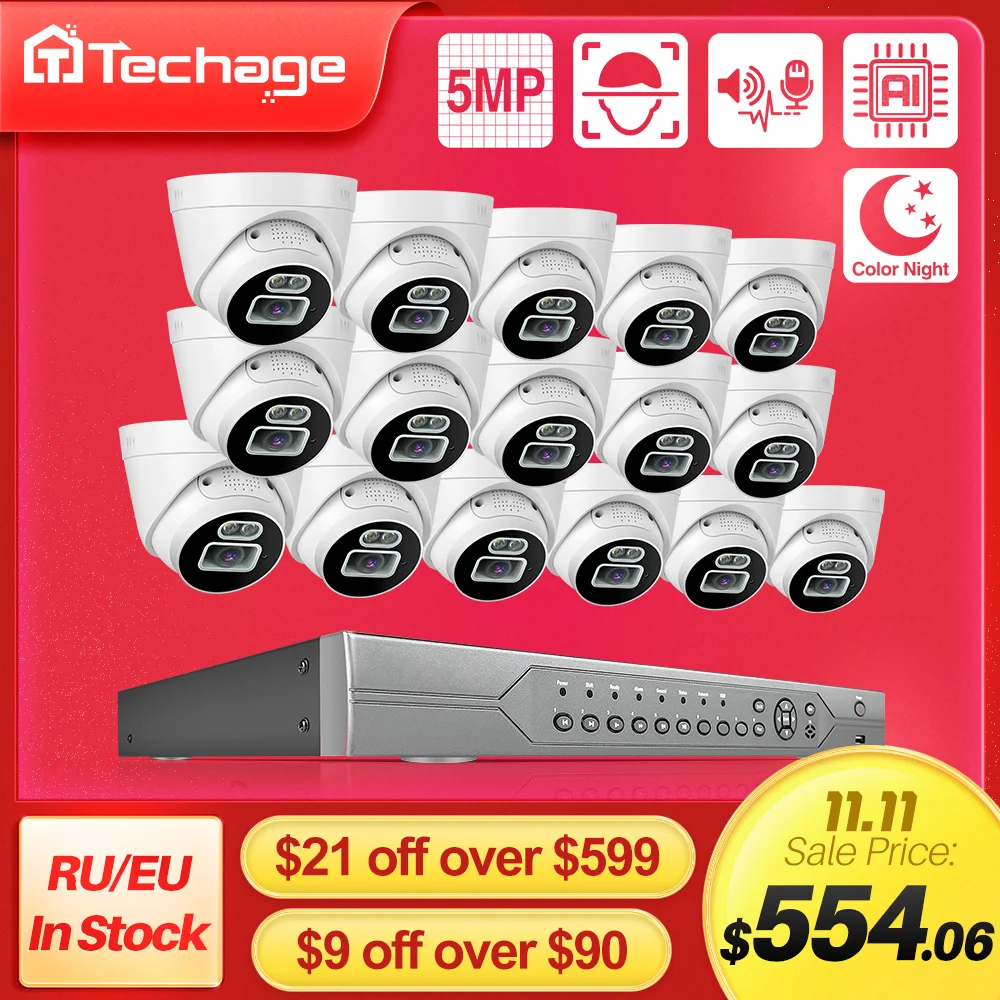 Скидка Система видеонаблюдения Techage, 16 каналов, 5 МП, POE, дуплексное аудио, уличный комплект NVR с камерой Doom AI, H.265, P2P