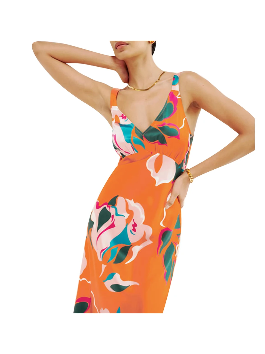 

Женское платье без рукавов с цветочным принтом и V-образным вырезом