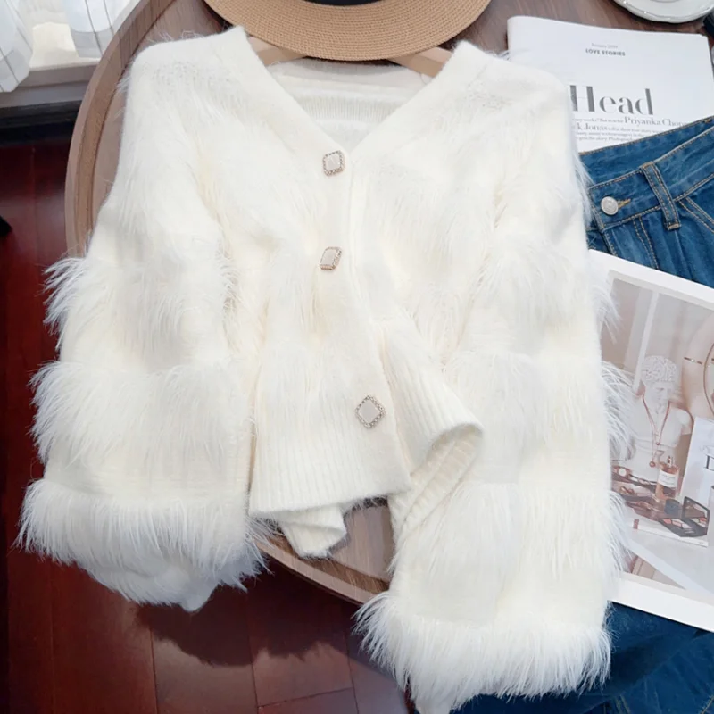 Уникальная белая женская одежда куртка с v-образным вырезом вязаный свитер