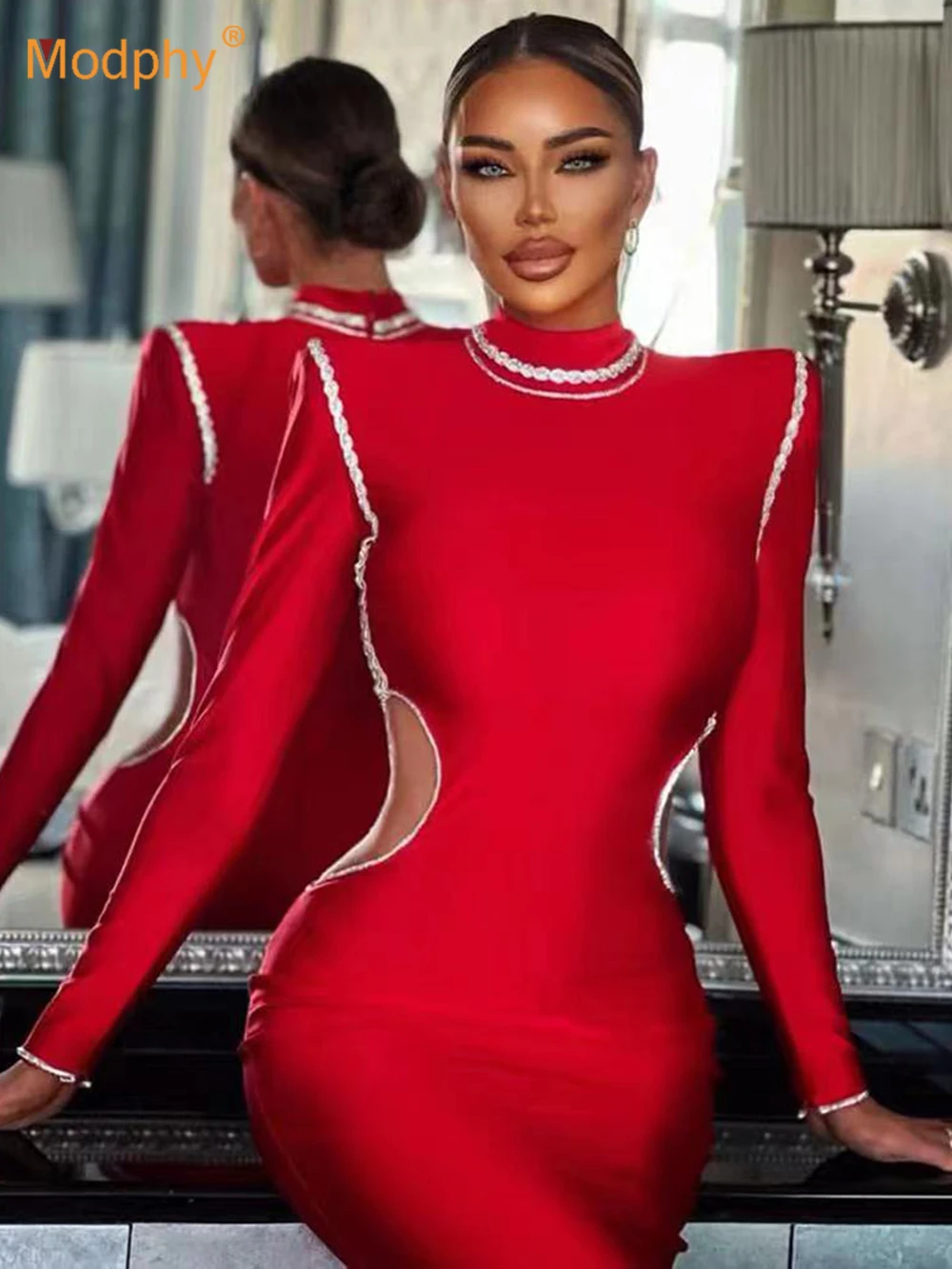 Modphy Women Sexy Long Sleeve Mesh Cutting Red Mini Bodycon Bandage Dress 2023 Elegant Evening Party Dress