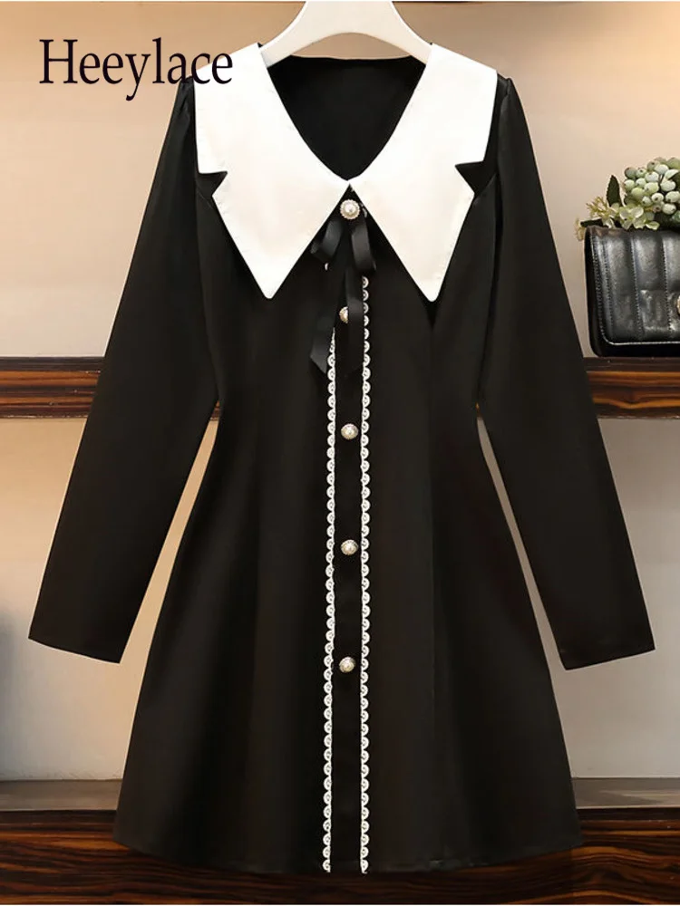 

Женское винтажное шифоновое платье-мини, черное элегантное платье в стиле пэчворк с воротником «Питер Пэн», в французском стиле, осень 2022