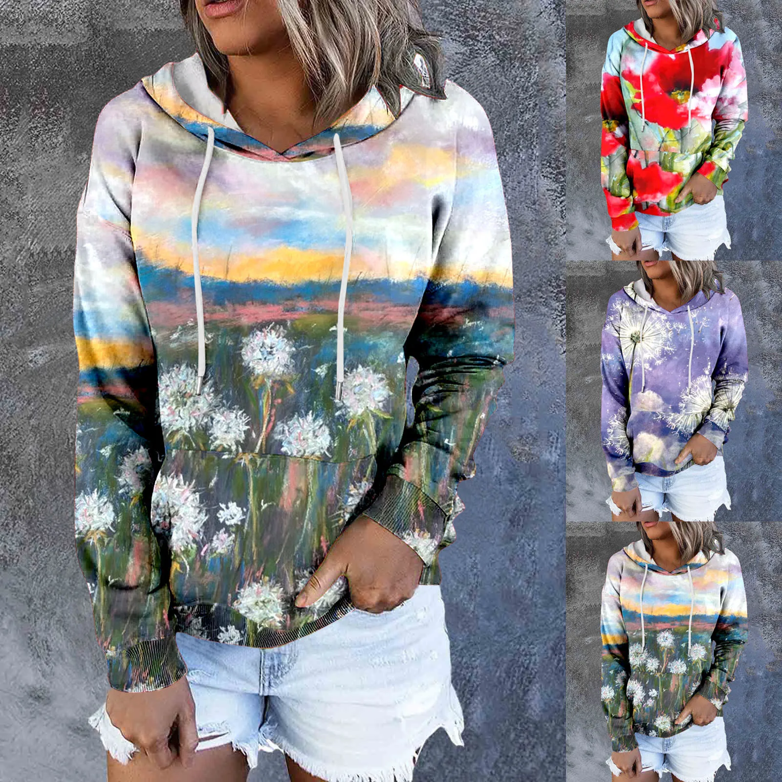 

Women Autumn And Winter Casual Colorful Floral Print Pocket Hooded Sweatshirt Crop Top Sweaters for Women
