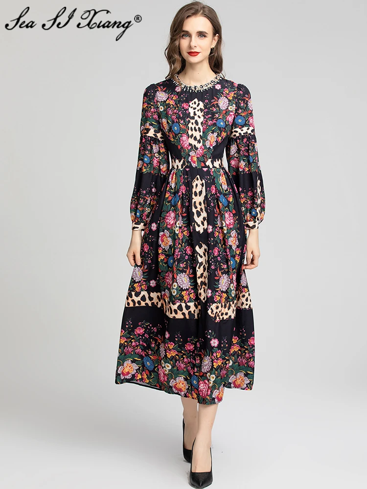 

Seasixiang Fashion Designer Early Autumn Dress Women Crystal Diamonds O-Neck Lantern Sleeve Flower Print Vintage Long Dresses