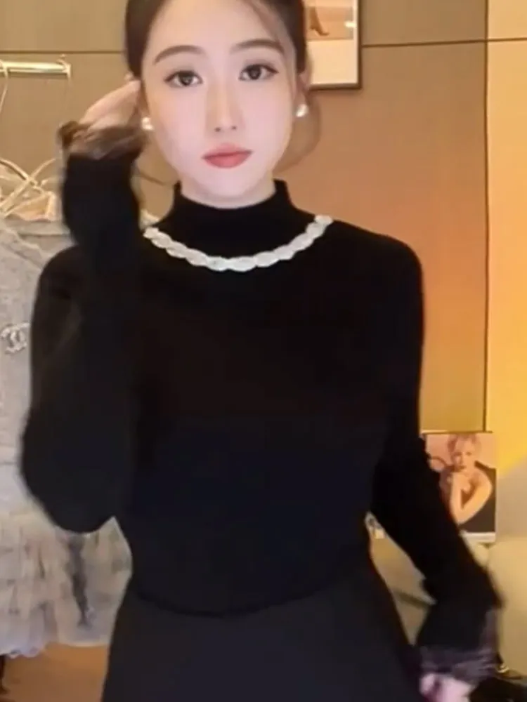 French sle Half-high Collar Beads Pullover Top Bottoming Shirt Western Sle Lace Stitching Long sleeve Knit Slimming High-End