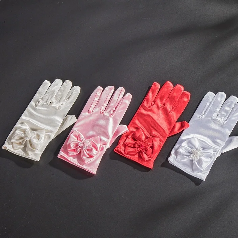 

Girls Elastic Gloves Satin Pearl Flower Printed Lace Bow Princess Dance Hand