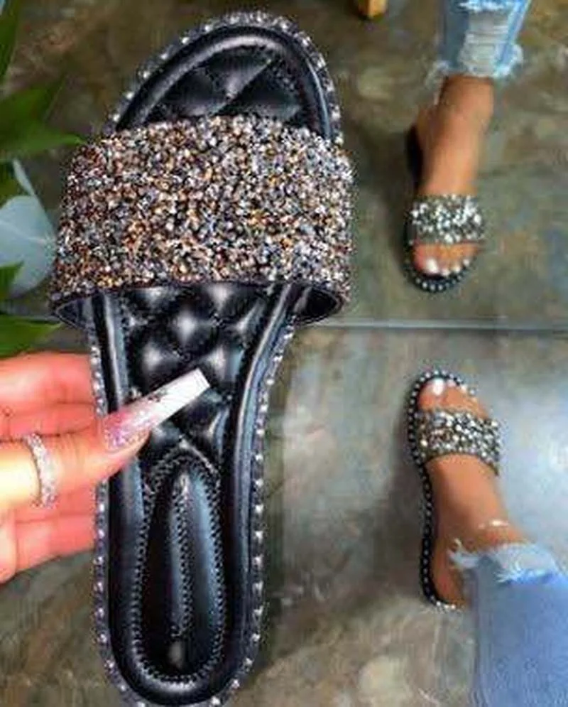 

Womens Crystal Slippers Ladies Bling Flats Female Outdoor Beach Shoes Female Footwear Women Summer Slides Plus Size 35-43
