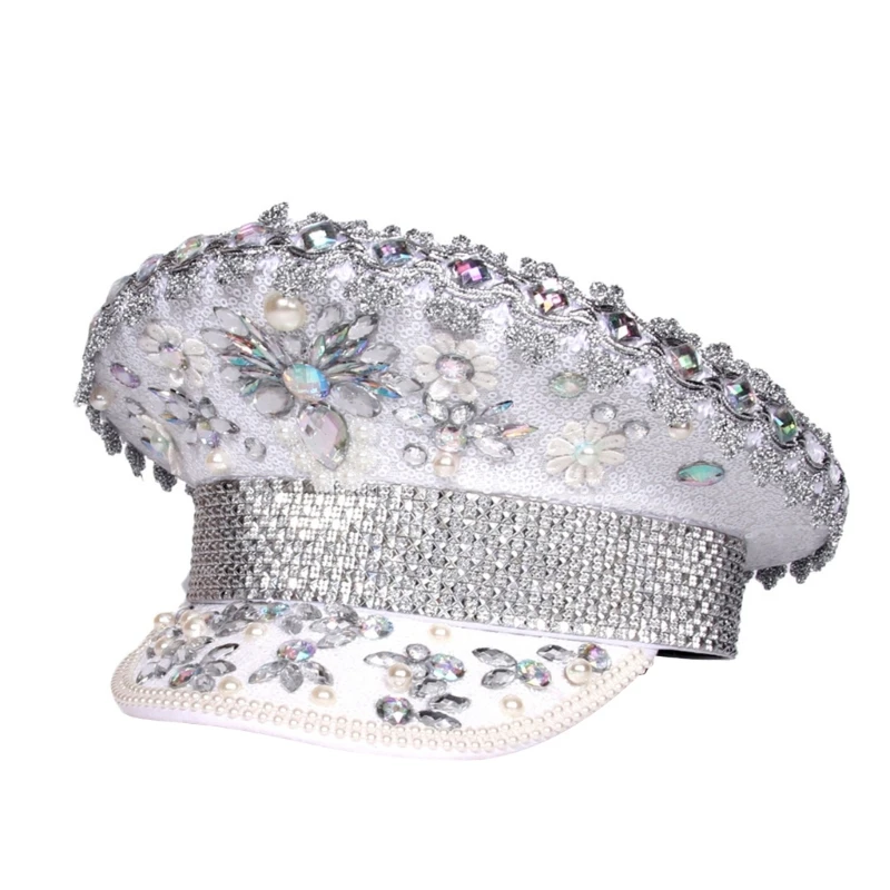 

L93F Bejeweled Hat Glinting Crystal Pearls Captain Hat for Carnivals Music Festival