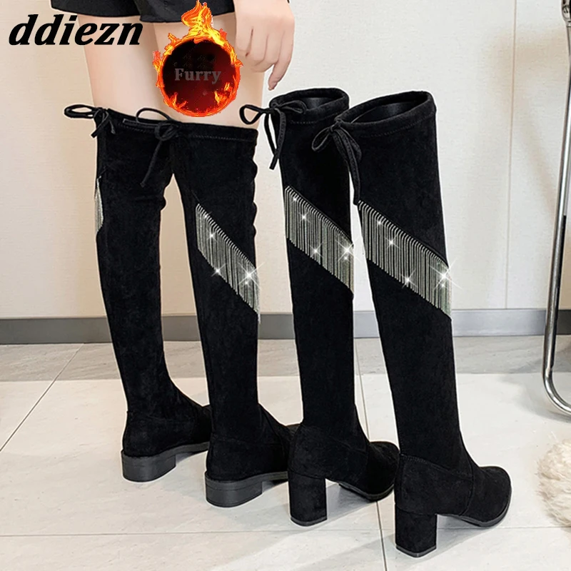 

New 2022 Fashion Bling Rhinestones Female Booties With Heel Shoes Ladies Long Stretch Boots Woman Winter Over-the-Knee Fur Boots