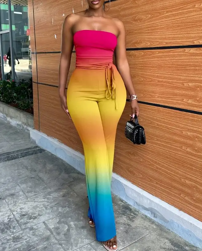 

Ombre Tie Dyed Print Lace Up Details Straight Tube Jumpsuit New Hot Selling Fashion Casual 2023 Women's Wear