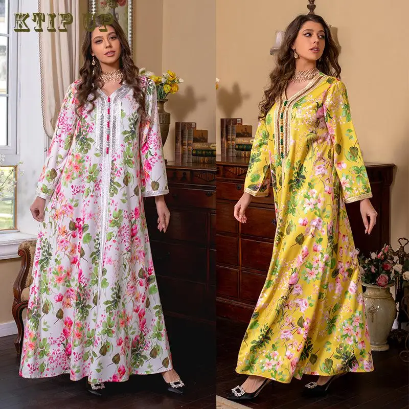 

Мусульманское модное платье из Дубая, новое популярное платье с принтом и бриллиантами, одежда для Ближнего Востока на весну и лето, мусульманская одежда для женщин