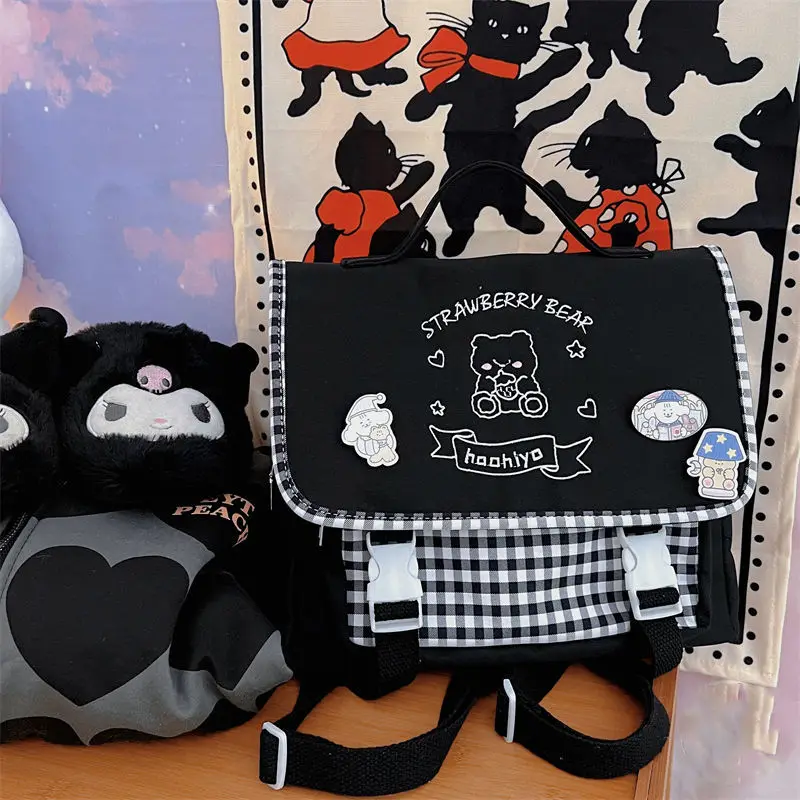 2023 Japanese Style JK Uniform Backpacks Kawaii Bear Embroidery Women Shoulder Bag 4 Colors Zipper Bag Female with Cartoon Badge