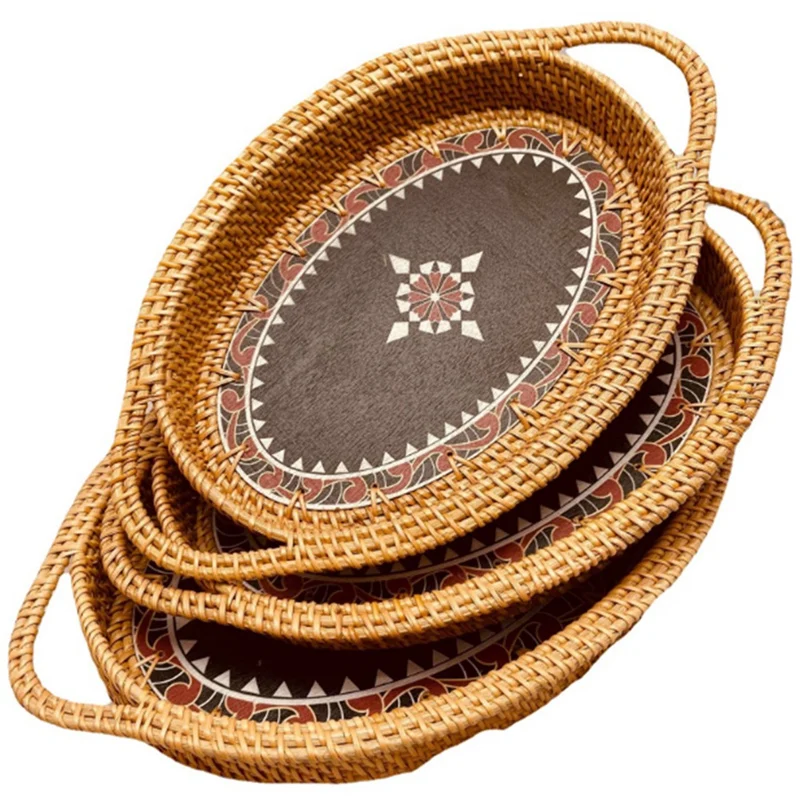 

3PCS Vietnam Handmade Rattan Fruit Basket Woven Storage Basket Tray Living Room Household Round Simple Sundries Basket