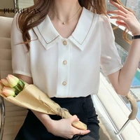 2022 summer white women peter pan collar blouses shirts korean trendy casual short sleeve elegant vintage all match button tops