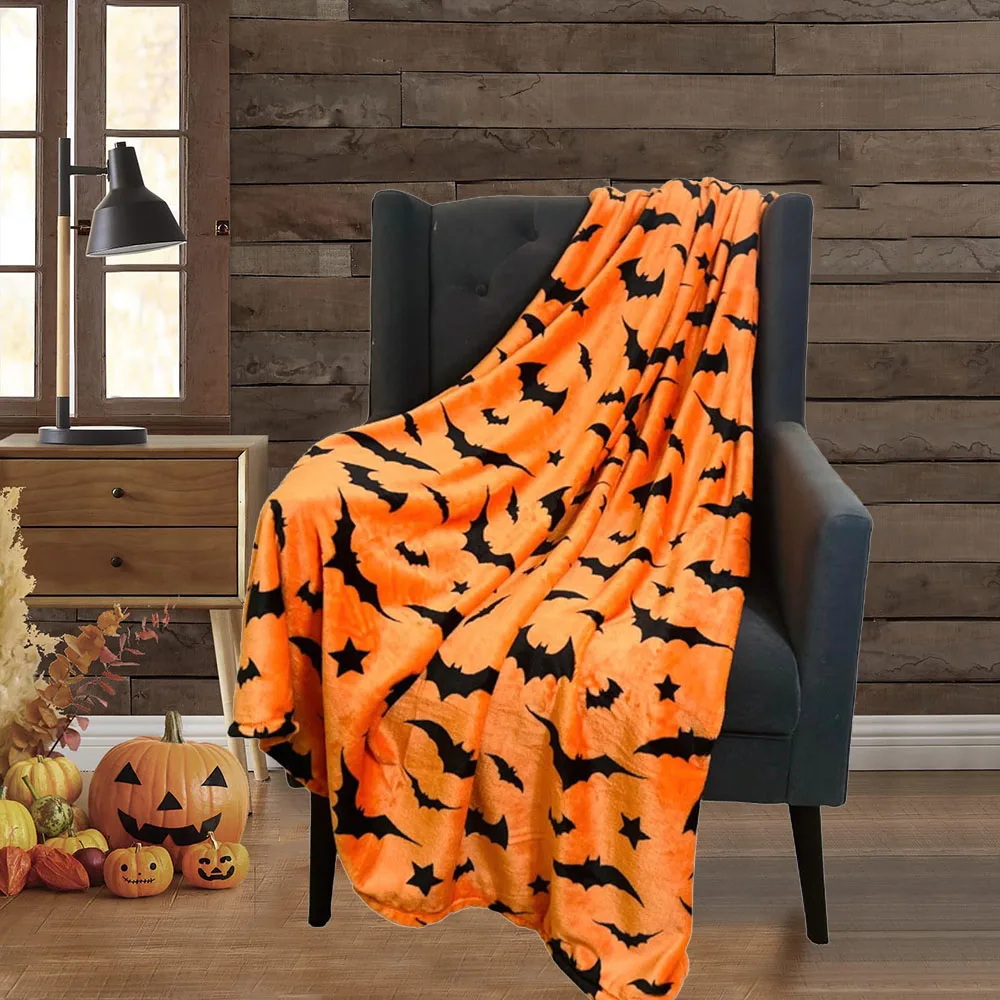 Черные летучие мыши оранжевое зимнее одеяло на Хэллоуин Фланелевое