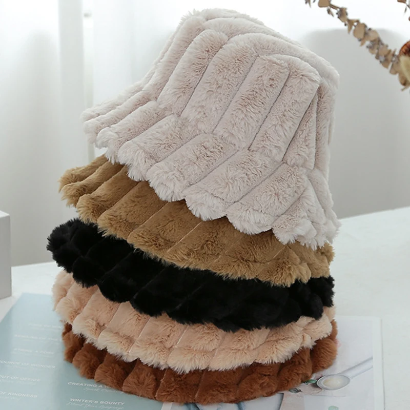 

Plush Faux Fur Bucket Hat For Women Girls Winter Warm Thicken Velvet Caps Lady Outdoor Bob Panama Fisherman Hats Buckets Gorro