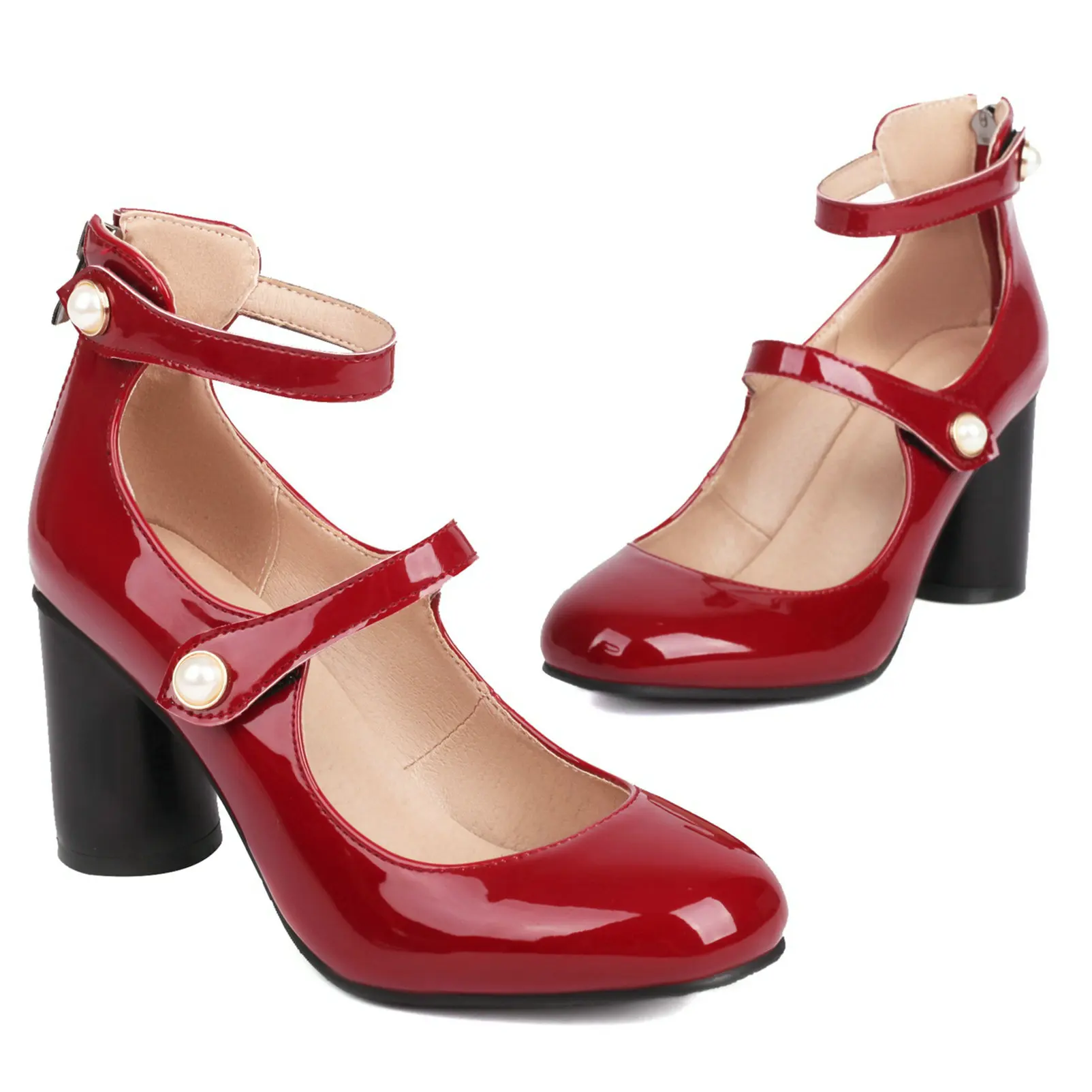 Eokkar Vintage Ankle Strap Patent Leather Mary Janes for Women Block High Heel Shoes Back Zip Rockabilly Shoes Plush Size 48
