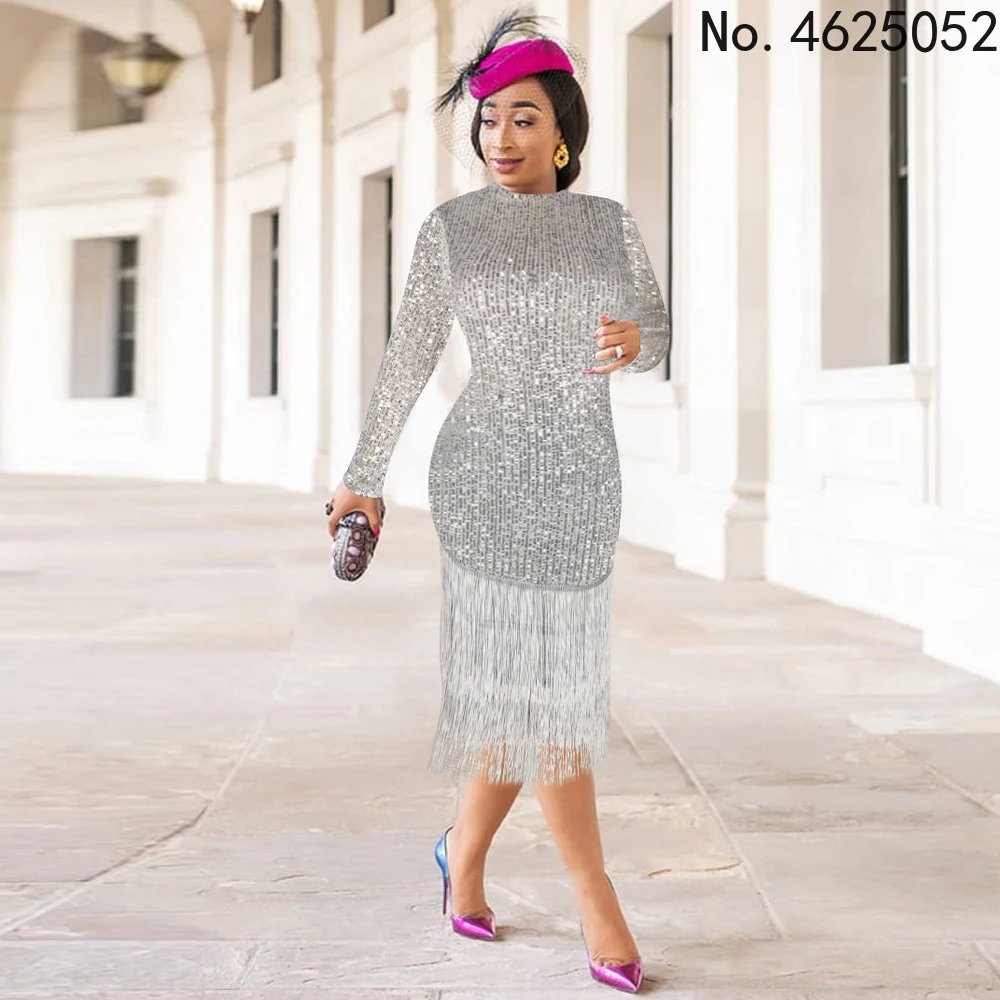

African Dresses For Women 2022 New Fashion Sequin Tassel Evening Gown Large Size Bodycon Sexy Outfits Moroccan Oriental Dress
