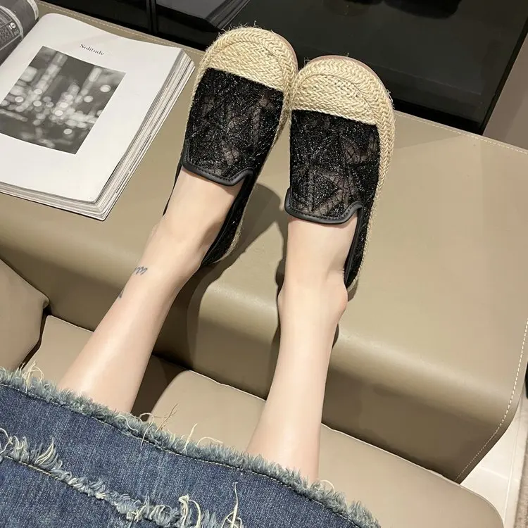 

Женские эспадрильи с круглым носком, туфли на плоской подошве, Лидер продаж 2023, повседневная обувь на натуральной платформе, без застежки, с цветочным принтом, женские туфли, конопляная обувь