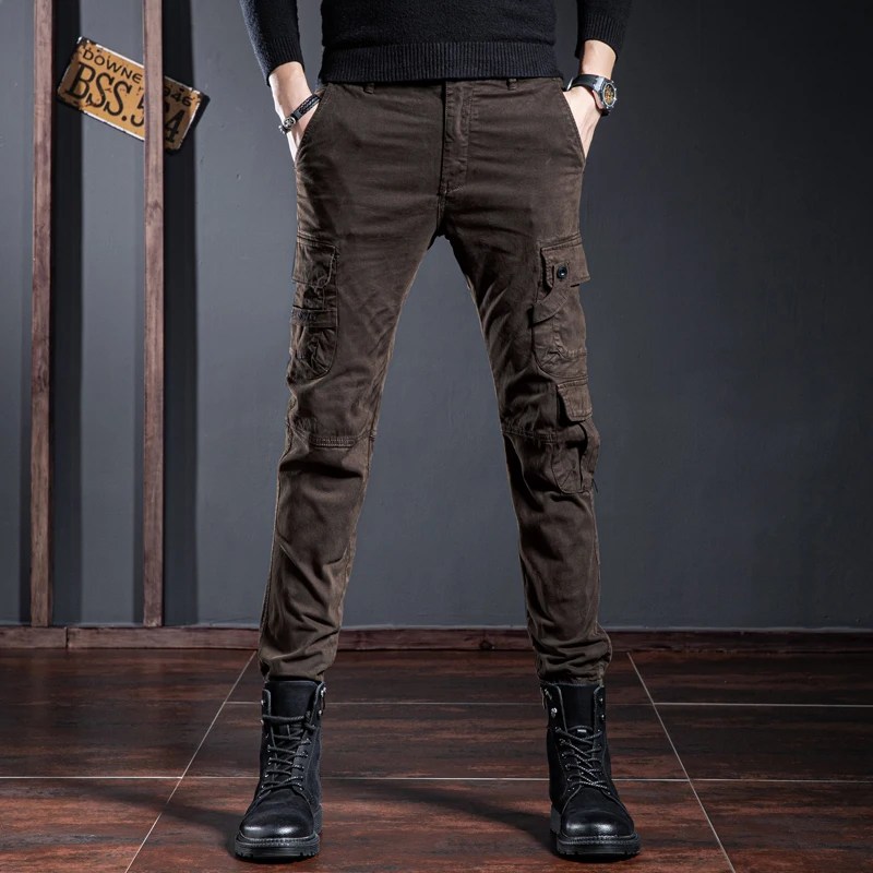 

Брюки-карго мужские однотонные, повседневные эластичные длинные прямые штаны с несколькими карманами, джоггеры, T90, весна-осень 2022