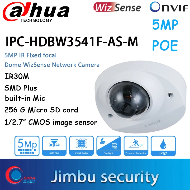 

Dahua 5MP iptv Camera IPC-HDBW3541F-AS-M IR30M H.265 IP67 Built-in Mic POE Starlight IR Fixed focal Dome WizSense Network Camera