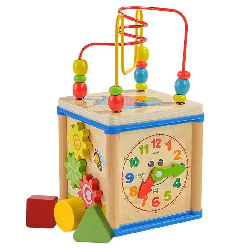 

Wood Kids Activity Cube Durable Montessori Wooden Toys With Bead Maze Shape Sorter Birthday Gift For Toddlers 1-3 Years Old