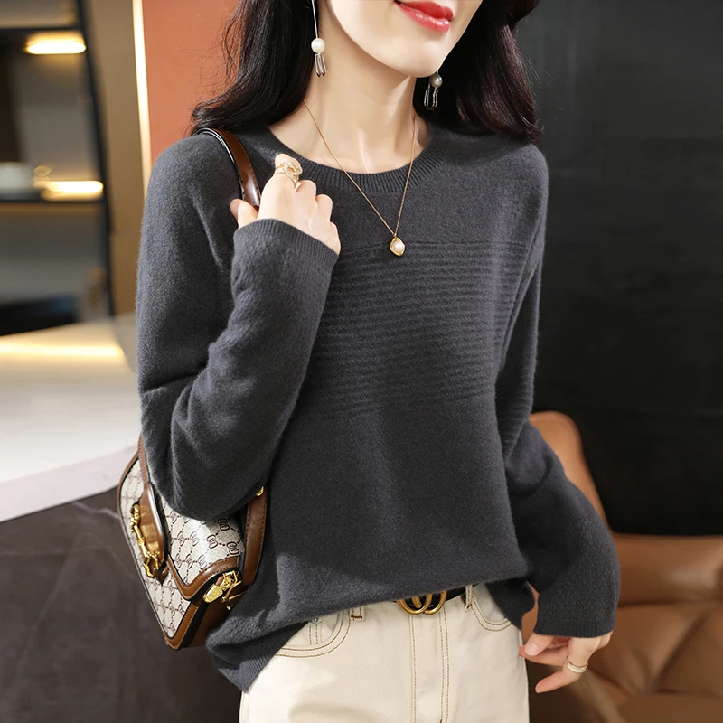 Вязаный пуловер из 100% чистой шерсти женский жаккардовый свитер с круглым вырезом