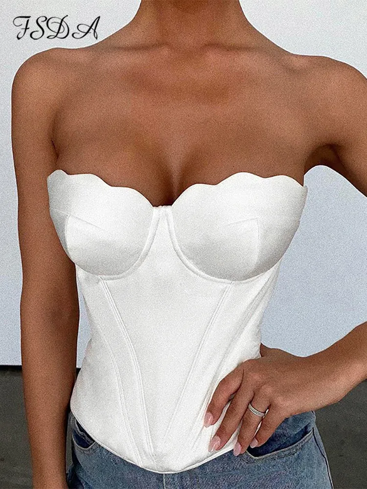 

FSDA 2022 White Satin Corset Top Crop Strapless 2022 Summer Sexy Sleeveless Y2K Tube Cami Women Off Shoulder Tank Tops Party