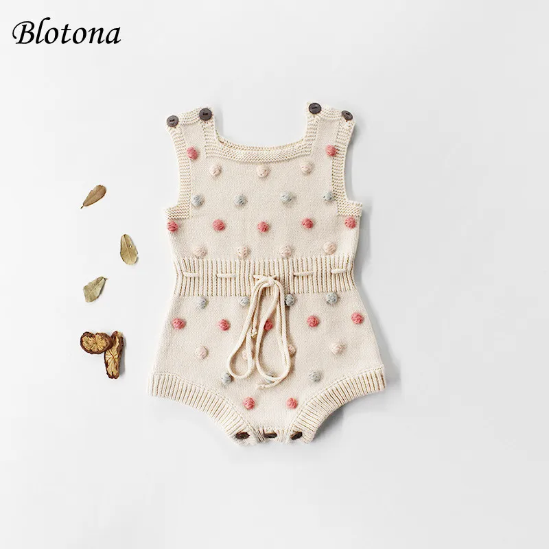 Blotona Infant Girls Spring Autumn Romper, Square Neck Sleeveless Knitted Triangle Jumpsuit with Fur Balls Decoration 0-24Months